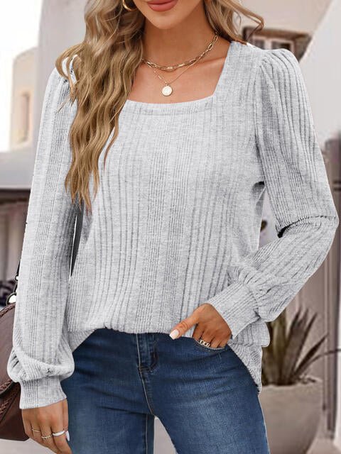 Square Neck Ribbed Long Sleeve Top - Global Village Kailua Boutique