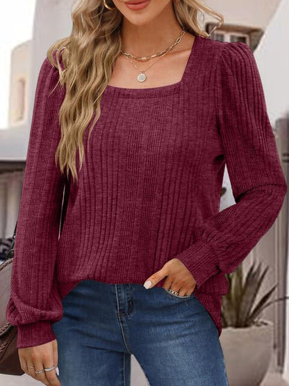 Square Neck Ribbed Long Sleeve Top - Global Village Kailua Boutique