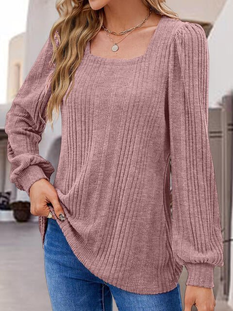 Square Neck Ribbed Long Sleeve Top - Global Village Kailua Boutique