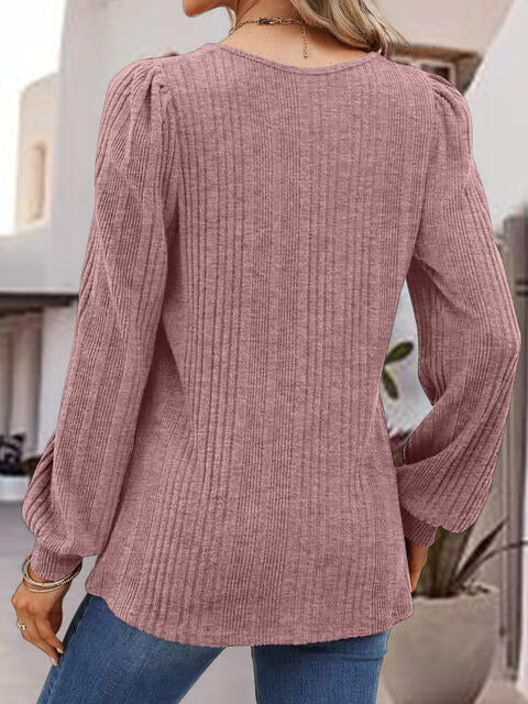 Square Neck Ribbed Long Sleeve Top - Global Village Kailua Boutique
