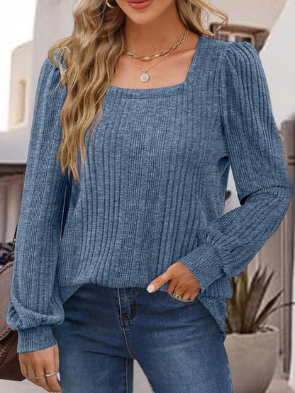 Square Neck Ribbed Long Sleeve Top - Global Village Kailua Boutique