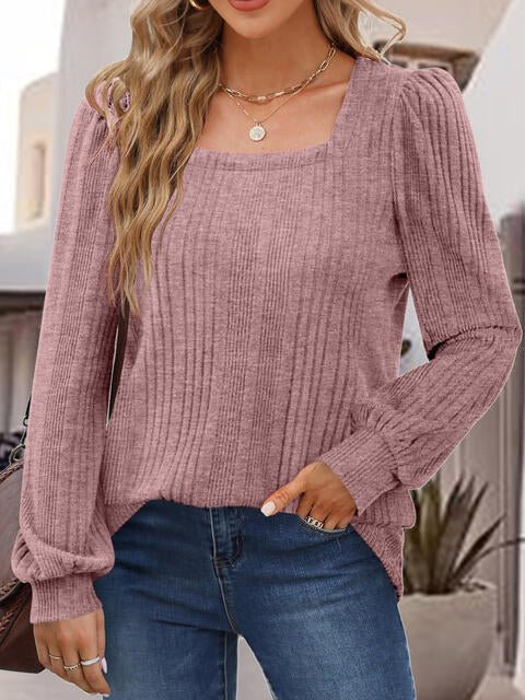 Square Neck Ribbed Long Sleeve Top - Global Village Kailua Boutique