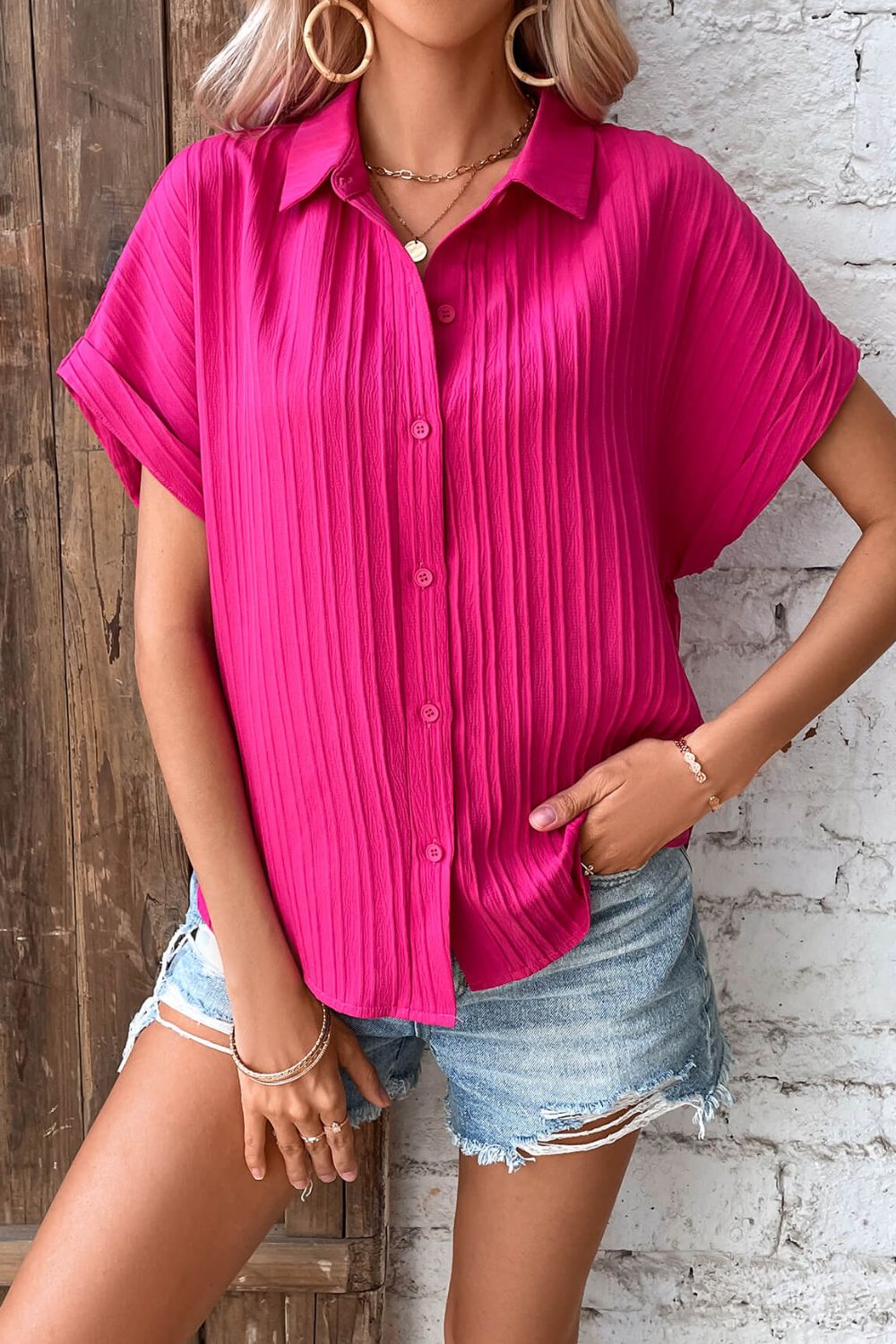 Textured Button-Up Hot Pink Shirt - Global Village Kailua Boutique