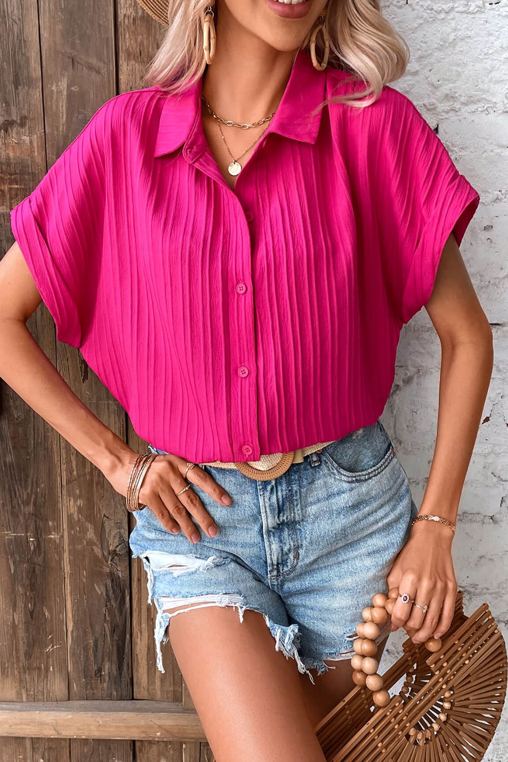 Textured Button-Up Hot Pink Shirt - Global Village Kailua Boutique