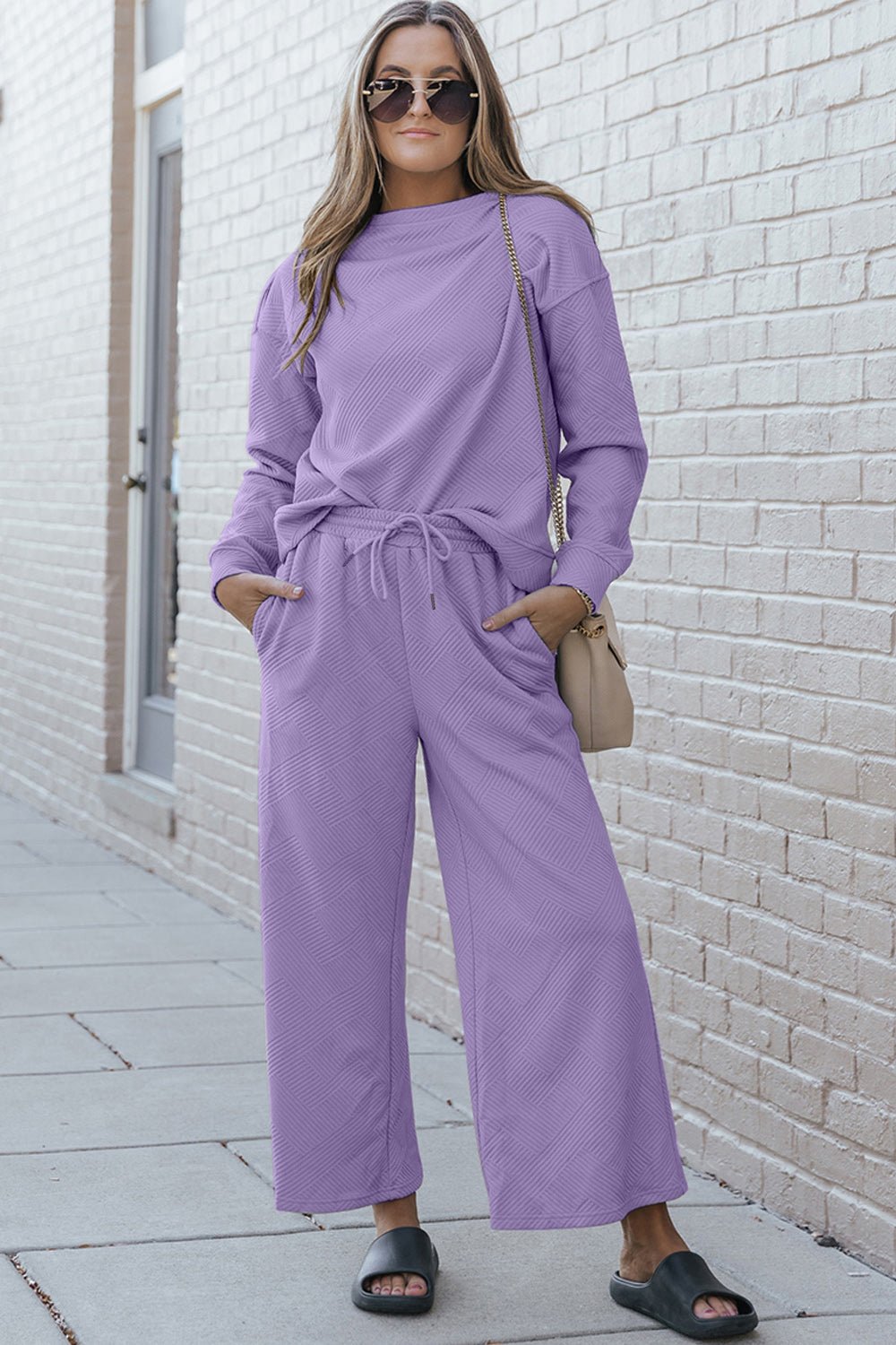 Textured Long Sleeve Top and Drawstring Pants Set Global Village Kailua Boutique