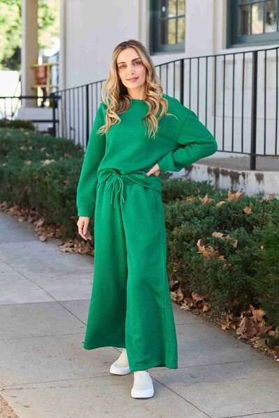 Textured Long Sleeve Top and Drawstring Pants Set - Global Village Kailua Boutique