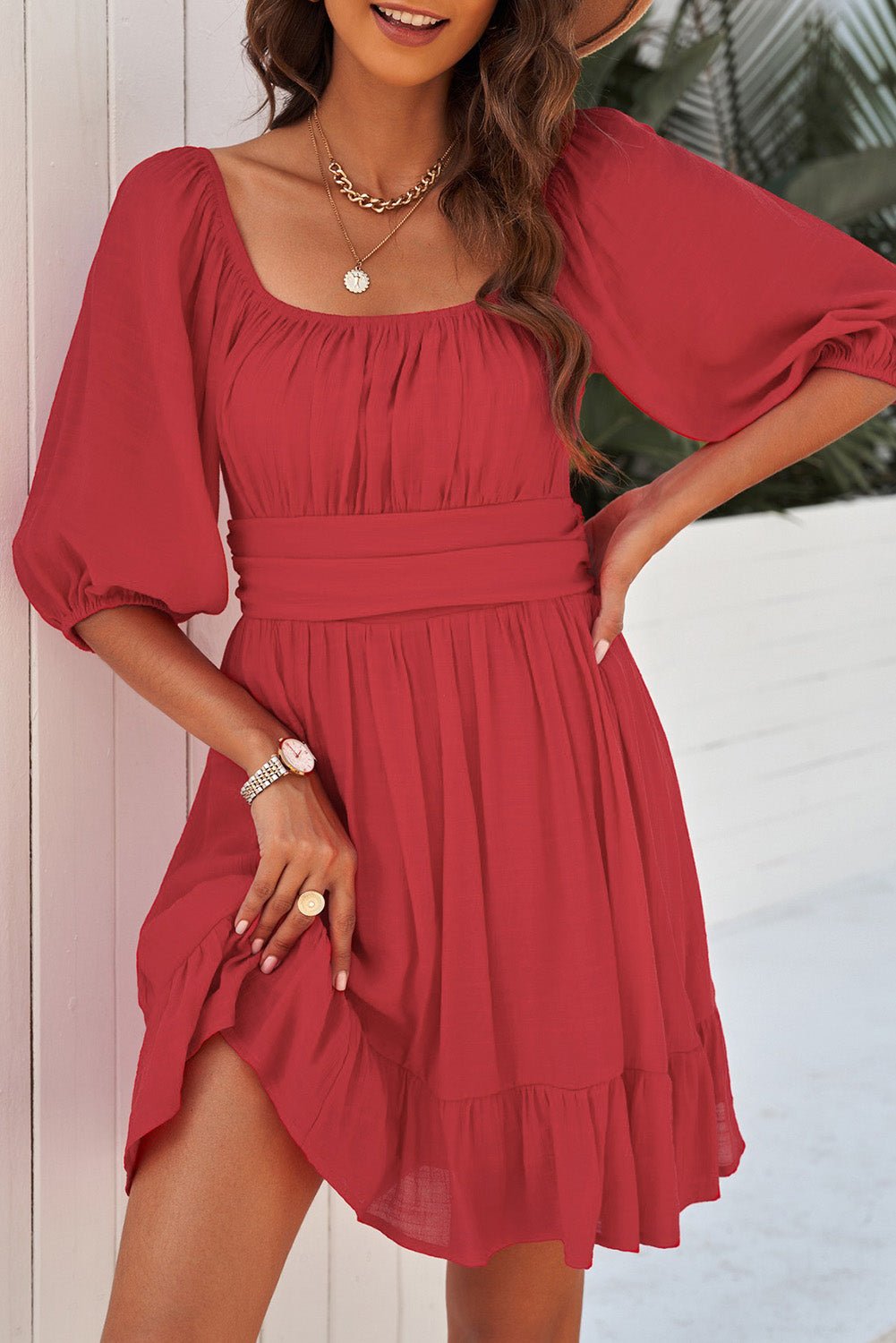 Tie Back Ruffle Hem Square Neck Mini Dress Global Village Kailua Boutique