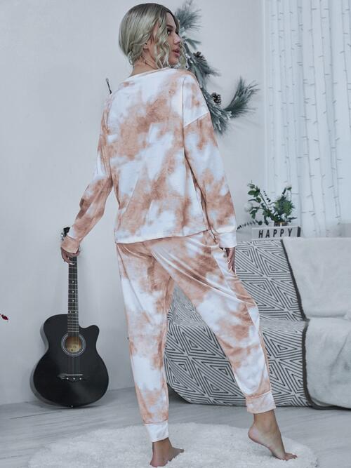 Tie-dye Round Neck Top and Drawstring Pants Lounge Set - Global Village Kailua Boutique