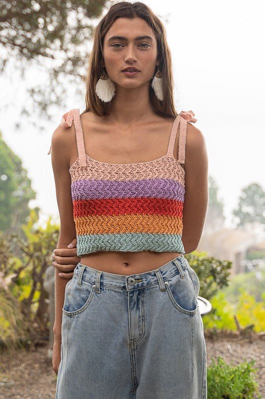 Tie-shoulder Sweater Crop Top Sherbert Stripe - Global Village Kailua Boutique