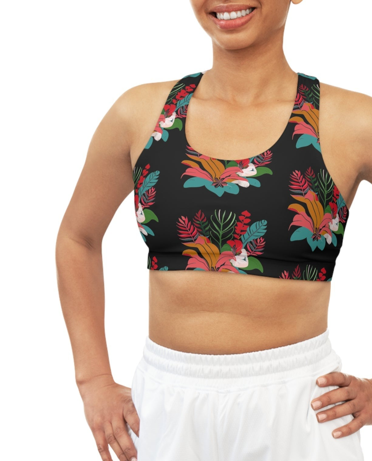 Tropical Floral Black Seamless Sports Bra - Global Village Kailua Boutique