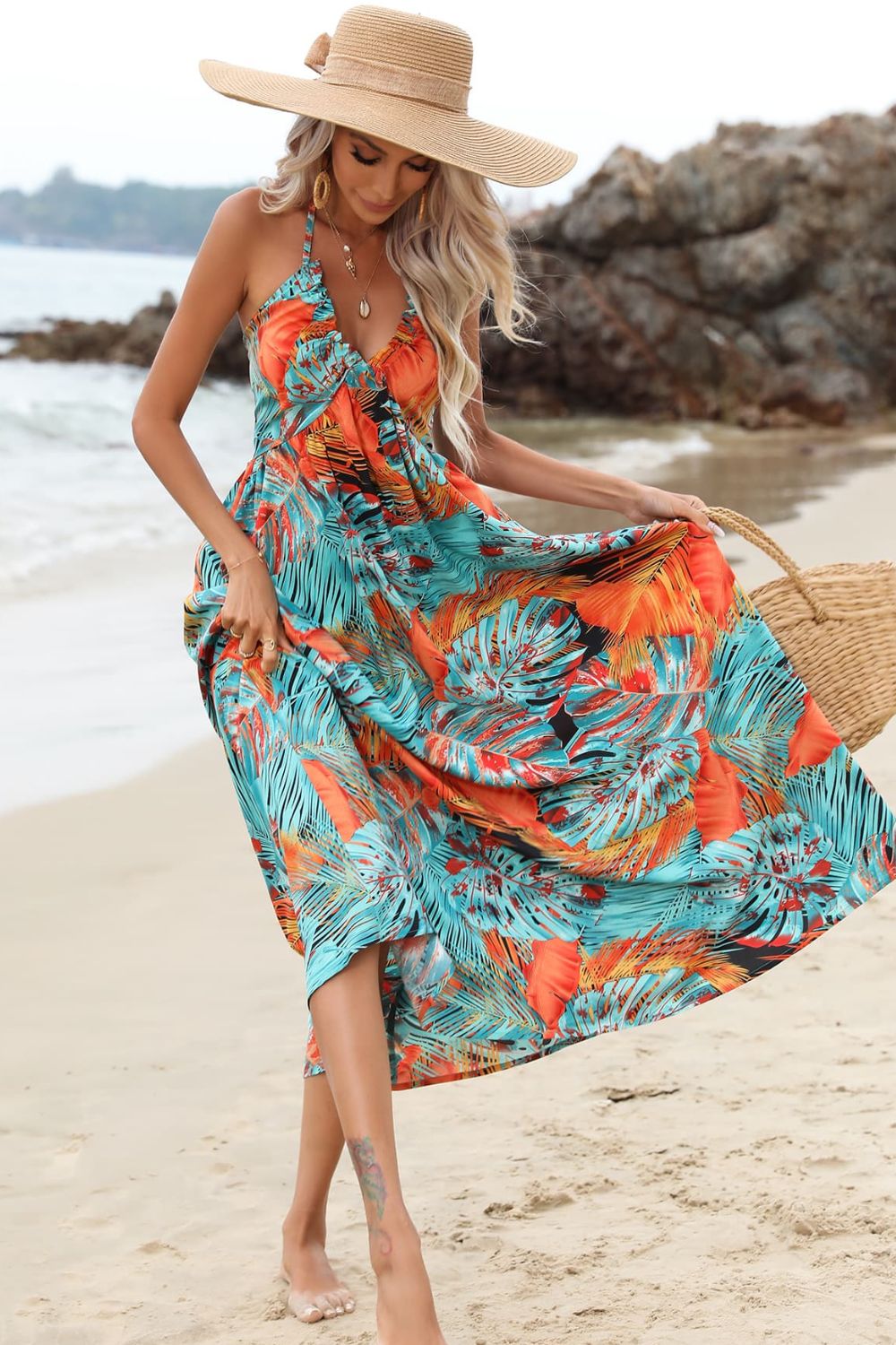 Tropical Print Halter Neck Dress - Global Village Kailua Boutique