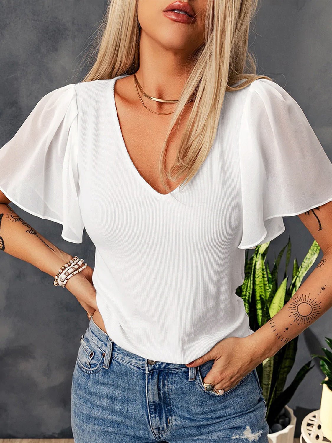 V-Neck Sheer Flutter Sleeve Top - Global Village Kailua Boutique