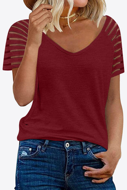 V-Neck Sheer Stripe Sleeve Tee - Global Village Kailua Boutique