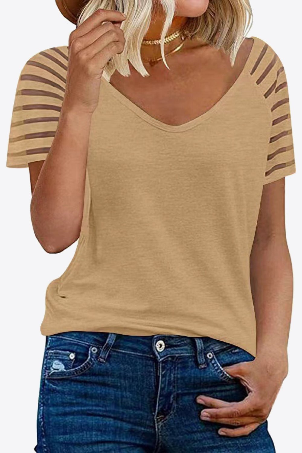 V-Neck Sheer Stripe Sleeve Tee - Global Village Kailua Boutique