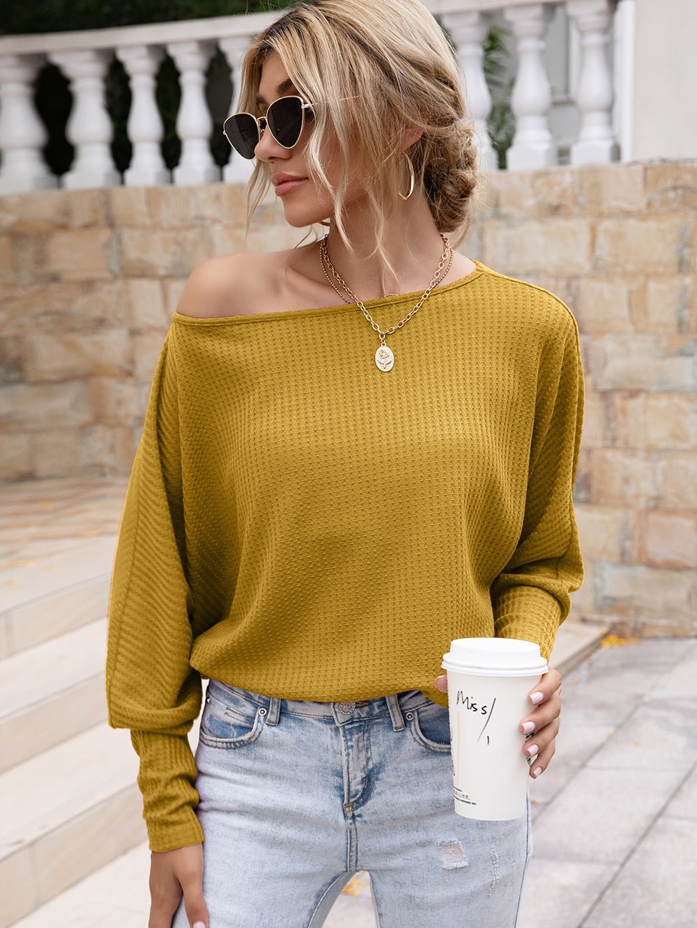 Waffle Knit Boat Neck Long Sleeve Top - Global Village Kailua Boutique