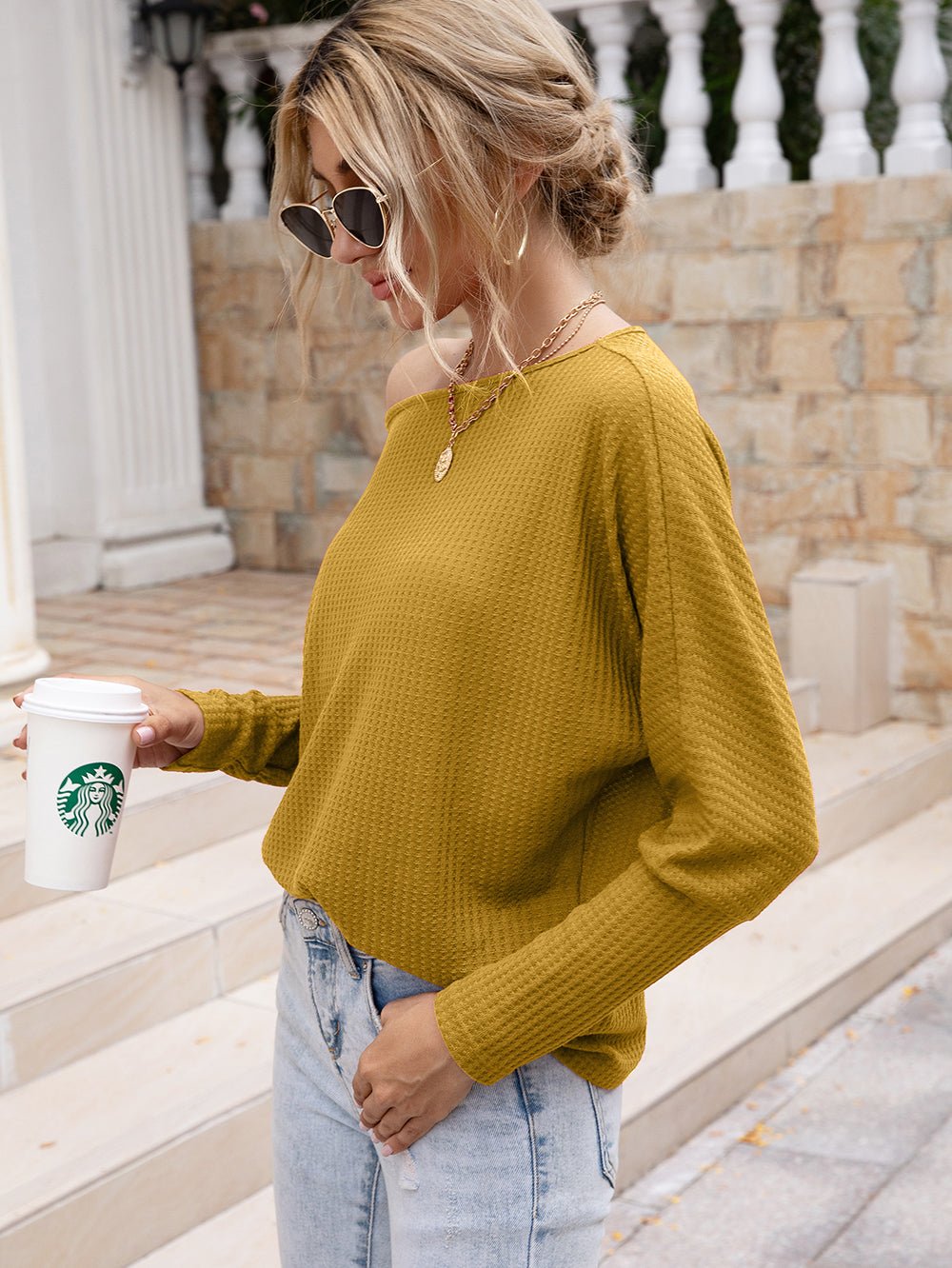 Waffle Knit Boat Neck Long Sleeve Top - Global Village Kailua Boutique