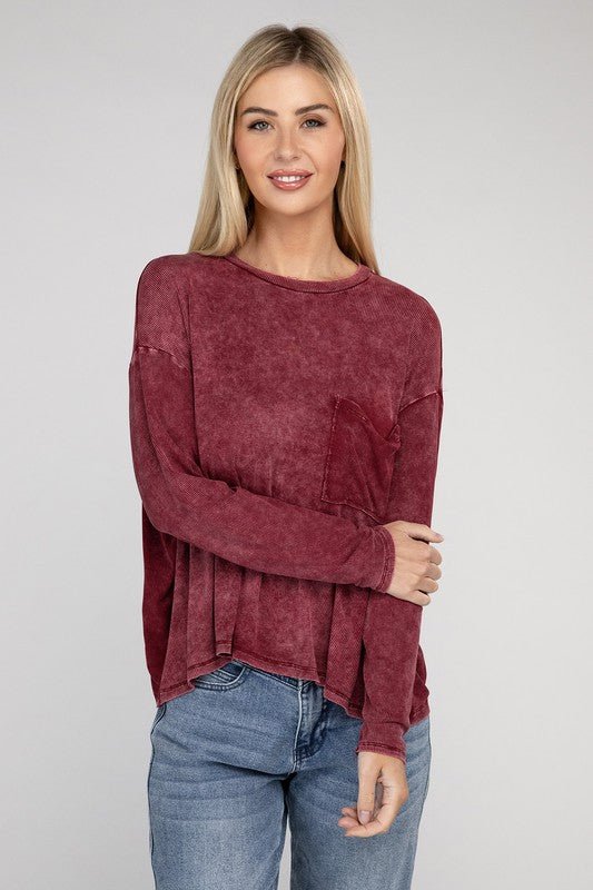 Washed Ribbed Dolman Sleeve Round Neck Top - Global Village Kailua Boutique