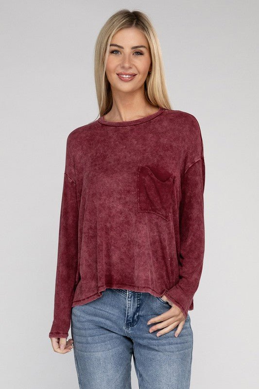 Washed Ribbed Dolman Sleeve Round Neck Top - Global Village Kailua Boutique