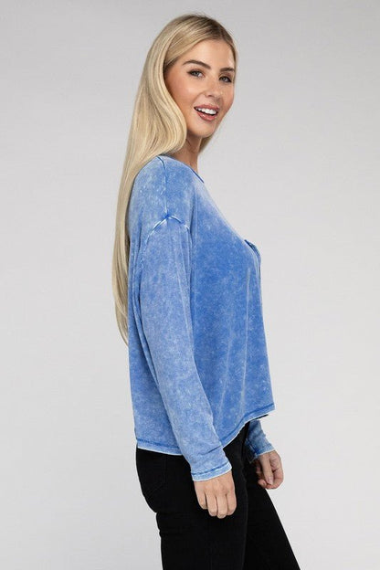 Washed Ribbed Dolman Sleeve Round Neck Top - Global Village Kailua Boutique