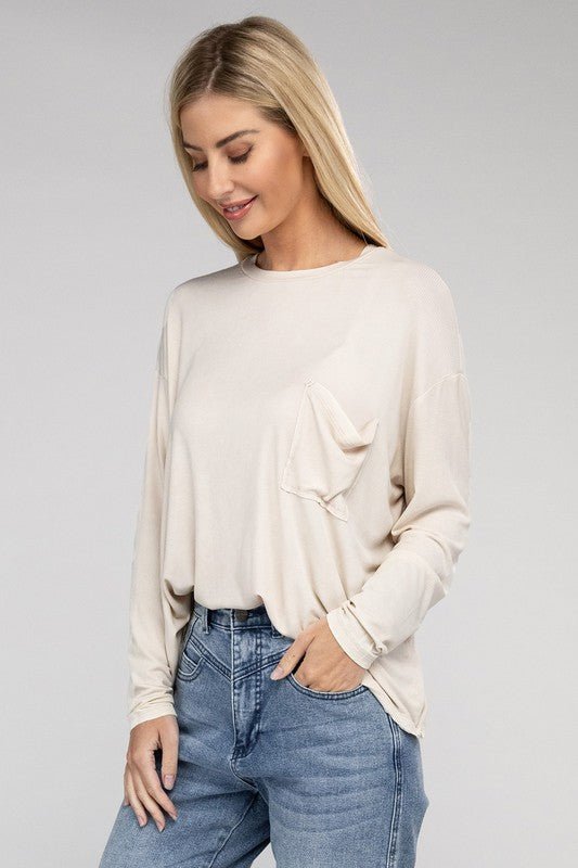 Washed Ribbed Dolman Sleeve Round Neck Top - Global Village Kailua Boutique