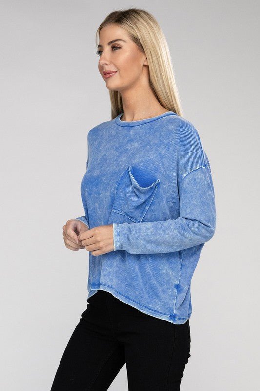 Washed Ribbed Dolman Sleeve Round Neck Top - Global Village Kailua Boutique