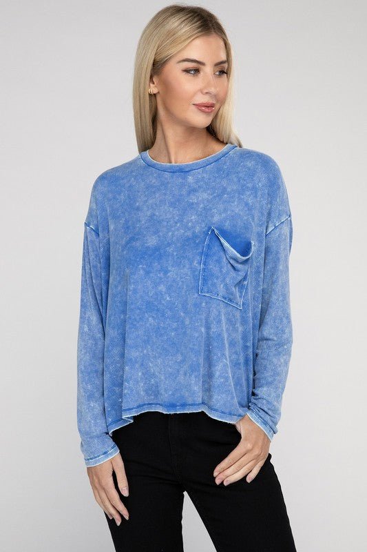 Washed Ribbed Dolman Sleeve Round Neck Top - Global Village Kailua Boutique