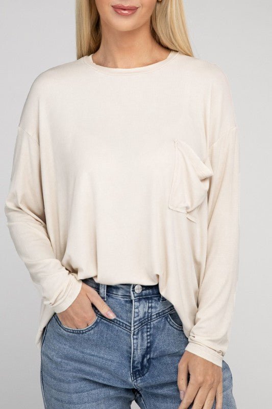 Washed Ribbed Dolman Sleeve Round Neck Top - Global Village Kailua Boutique