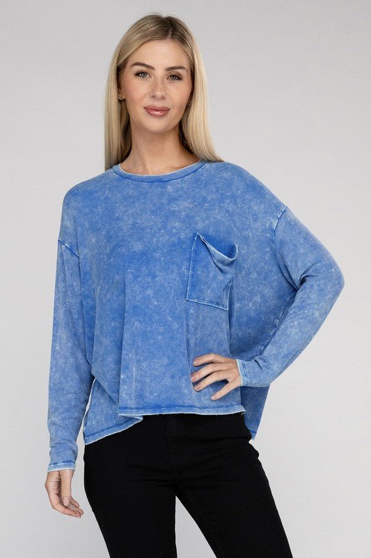 Washed Ribbed Dolman Sleeve Round Neck Top - Global Village Kailua Boutique