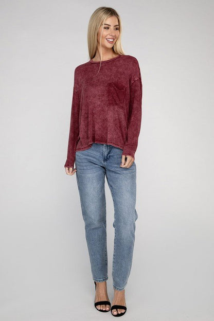 Washed Ribbed Dolman Sleeve Round Neck Top - Global Village Kailua Boutique