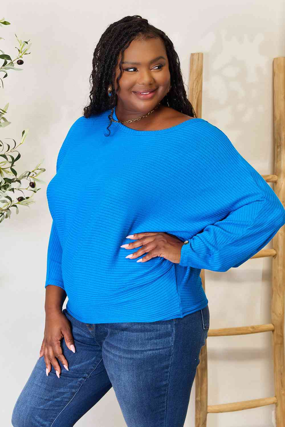 Trendsi Zenana Full Size Round Neck Batwing Sleeve Blouse Blue 3XL